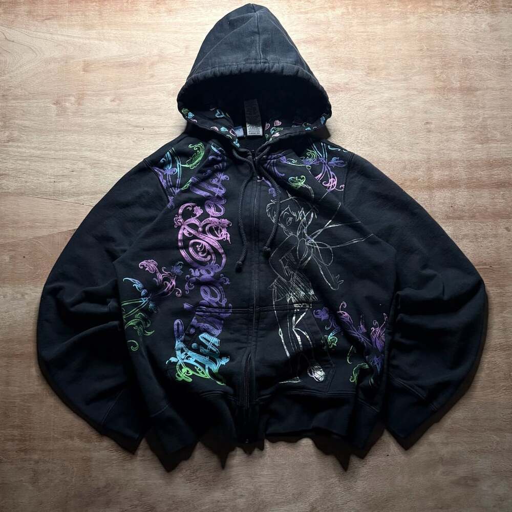 Disney Tinker Bell Zip Up Hoodie Size Youth XL Grunge Black Graphic Fairy